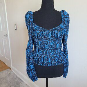 ZARA Smocked Peplum Blouse Blue Black Floral Puff Sleeve Top Size M Cottagecore
